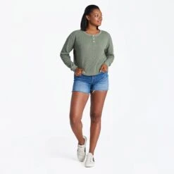 Women's Solid Thermal Boxy Henley -LIFE IS GOOD SHOP 101692 5