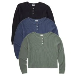 Women's Solid 3-Pack Long Sleeve Thermal Henley - Multi